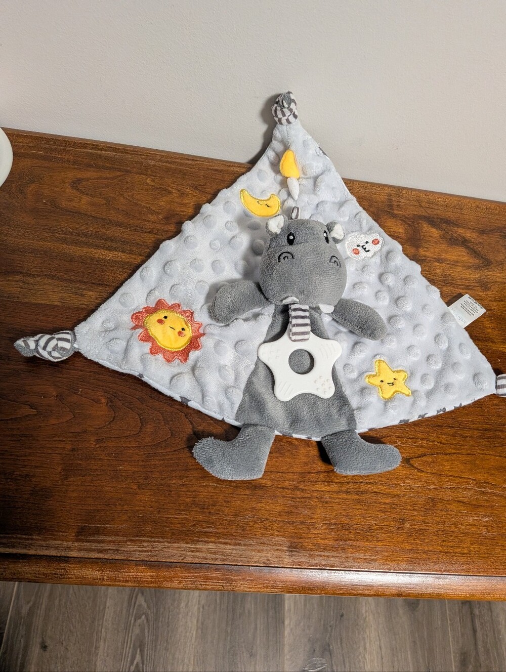 Activities By Baby Moda. Gray Hippo Baby Lovey with Yellow Sun & Star Accents